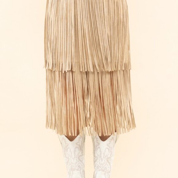 Suede Double Fringe Skirt Khaki - Picture 1 of 3